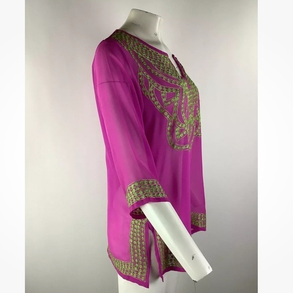 Gretchen Scott Sz S Sheer Embroidered Tunic Swim Cover Top Pink Polyester - Picture 3 of 6